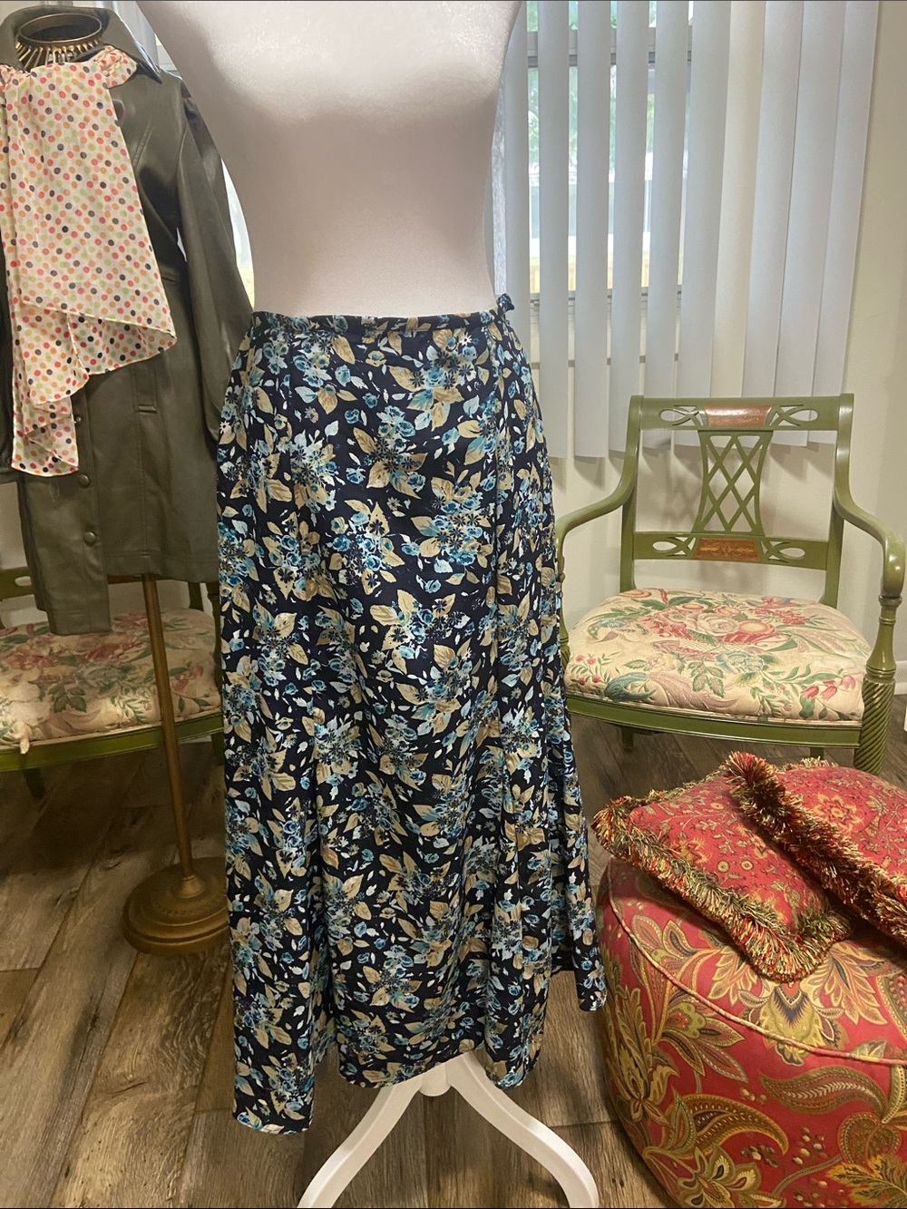Floral Navy Midi Skirt - Blue & Cream Print